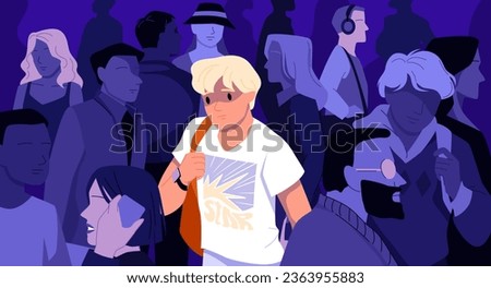 Sad man in crowd vector illustration. Cartoon young male character with worry, helpless and unhappy face standing in group of indifferent people, apathy and loneliness due to social indifference