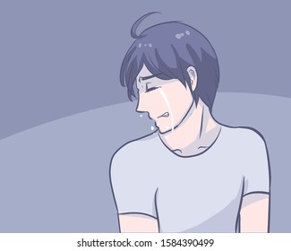 trauriger Mann weinen Linie Zeichnen Zeichentrickfigur Vektorillustration Illustration Konzept Depression geistige und psychologische
