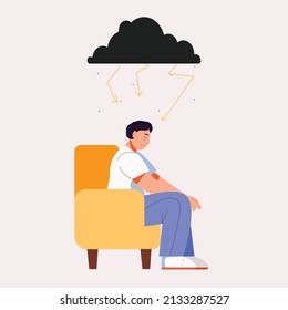 A sad man is crying in a chair. A cloud over your head. Depression. Flat vector illustration. - Shutterstock ID 2133287527