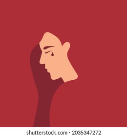Hombre triste llorando en un fondo rojo. Vista lateral de las emociones de dolor del hombre llorando. ilustración vectorial