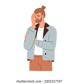 Sad man crying, weeping in despair. Upset desperate person with unhappy emotion, shedding tears, feeling misery, frustration, sorrow. Flat graphic vector illustration isolated on white background