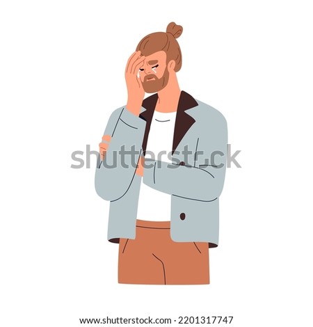 Sad man crying, weeping in despair. Upset desperate person with unhappy emotion, shedding tears, feeling misery, frustration, sorrow. Flat graphic vector illustration isolated on white background