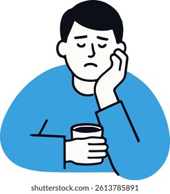 A sad man with a cup of coffee illustration