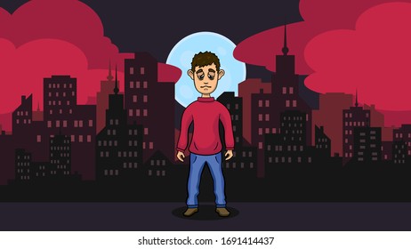 Sad man in depressed walking on street. Night city background with moon and clouds . Vector illustration.