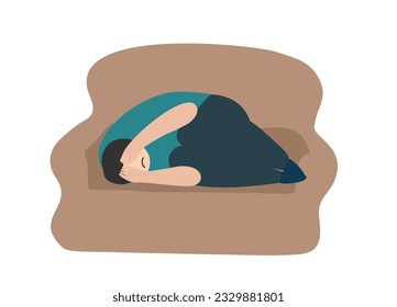 Sad man in depression lying on sofa. Vector cartoon metaphor for lonely depressed person in stress, psychology problem. Mental health concept