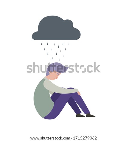 Sad man. Depression, mental disorder people. Isolated boy and grey rainy cloud. Flat frustrated male, guy need help vector illustration