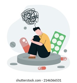 Sad man with depression sitting on big pill. Guy have problems with mental health, ADHD. Male fighting anxiety with antidepressants and hormonal drugs. Psychological healthcare. Vector illustration