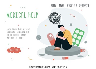 Sad man with depression sitting on big pill. Guy have problems with mental health, ADHD. Template, landing page. Male fighting anxiety with antidepressants and hormonal drugs. Flat vector illustration