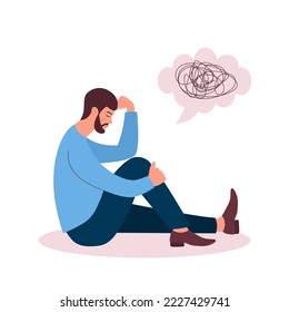 Sad man in depression sitting and thinking over problems. Confused thoughts in his mind, mental health issues, bankruptcy, stress, lose, crisis, burnout syndrome, relationship trouble concept. 