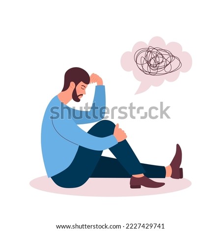 Sad man in depression sitting and thinking over problems. Confused thoughts in his mind, mental health issues, bankruptcy, stress, lose, crisis, burnout syndrome, relationship trouble concept. 