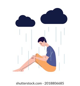 Sad man with depression sitting under rain cloud. Cartoon person in rainy weather looking depressed and lonely, isolated vector illustration of sadness