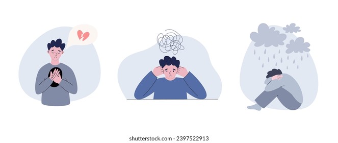 Sad man. Depression or an unhappy person illustration. Mental disorder. Man suffering from broken heart, overthinking man, man sitting under rain cloud. Flat vector illustration