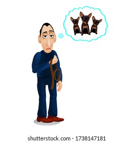 Sad man dreams of Chihuahua puppies isolated on white background. Vector cartoon close-up illustration.