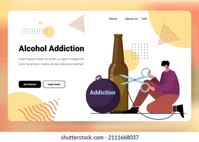 sad man drinker alcoholic holding scissors to cut metal chain addicted drunk guy having problem alcohol addiction