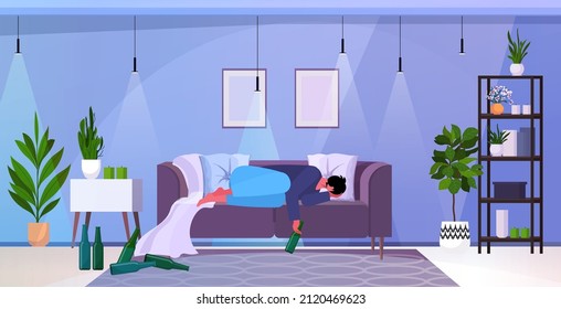 sad man drinker with bottles sleeping in bed alcoholic drinking alone depressed addicted drunk guy having problem alcohol addiction alcoholism concept
