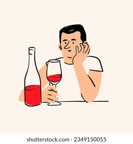 El hombre triste bebe vino del vaso. Persona sentada con una botella de alcohol. Ilustración de vectores dibujada a mano. La resaca, la adicción, el mal hábito, el estado de ánimo, el concepto de alcoholismo. Icono, afiche, plantilla de impresión