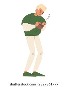 Sad man with empty wallet. Money problems. Young depressed male character in cartoon style. Flat vector illustration isolated on white background.
