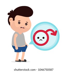 Sad man with erectile dysfunction looks in panties.Vector flat cartoon character illustration icon.Isolated on white background.Intimate problem concept.Impotence,erectil disfunction infographic logo