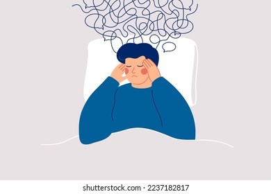 Sad man experiences anxious intrusive thoughts in bedtime and can't sleep. Сloud of thoughts hung over the man lying in bed. Sleep disorders and anxiety concept. Vector illustration