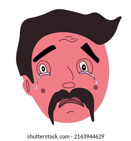 Sad man face with moustache crying with tears. Doodle vector illustration with person emotion