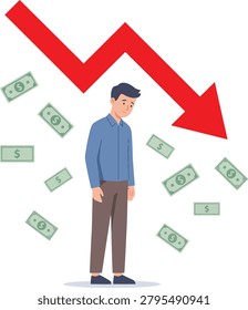 Sad man with falling money and graph