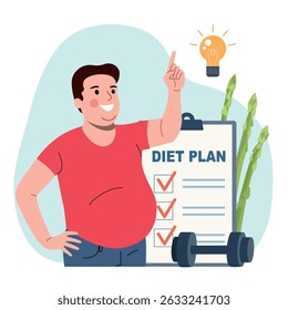 Homem triste com a barriga gorda encontrando uma ideia sobre como perder peso. Lâmpada brilhante. Ilustração de desenho animado plano vetorial