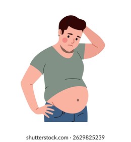 Um homem triste com a barriga gorda está intrigado. Ilustração de desenho animado plano vetorial