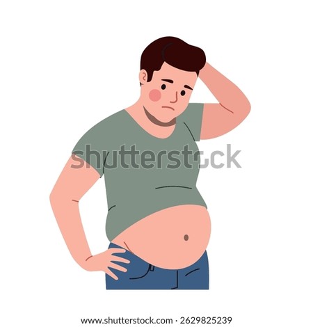 Sad man with the fat belly is puzzled. Vector flat cartoon illustration
