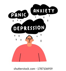 Sad man feel anxiety, depression, panic. Vector illustration on white background.