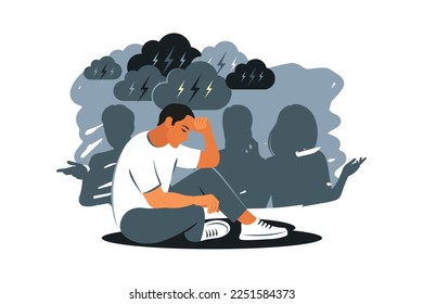 Sad man feel lonely in crowd. Man with psychological problems suffer from lack of friends and communication. Vector illustration.