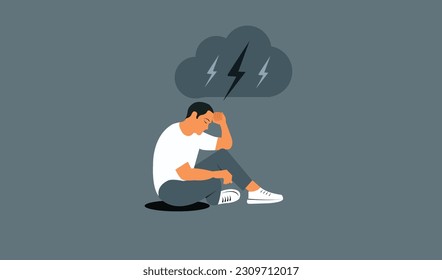 Sad man feel lonely in crowd Man with psychological problems suffer vector design