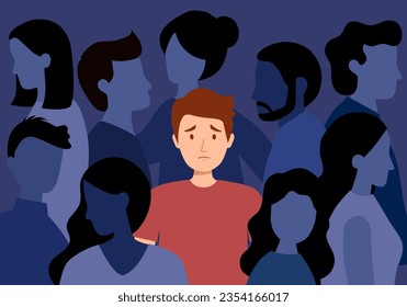 Sad man feel lonely in crowd in flat design. Unhappy unique person. Loneliness in crowd.