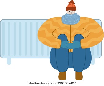 Hombre triste que se siente frío con sombrero y chaqueta baja sentados cerca del radiador. Ilustración vectorial del concepto de crisis de gas