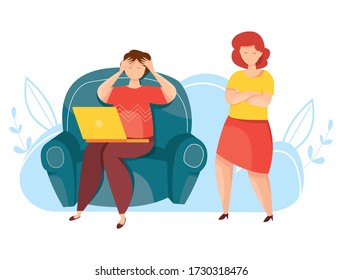 Sad man fired from job. Unemployed young man looking for vacancies. Wife and  unemployed husband. Financial crysis in family. Waiting for work opportunities. Vector illustration.