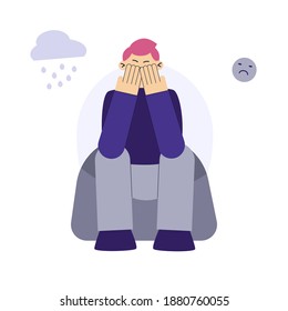 Sad man flat character. Frustrated young man sit on the ground. Broken heart, unhappy love. The concept of frustration, depression, psychotherapy.