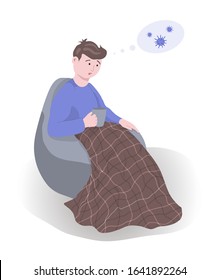 Sad man freezes, sits covered with blanket, plaid, holds cup, drinks hot tea or medicine. Boy thinks he has viral disease. Colds, tonsillitis, flu, headache, sore throat, chills, voice lost. Cartoon.