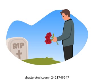 Sad man with a funeral flowers on the gravestone burial. Person in sadness, mourns the dead near the tombstone on grave. Funeral ritual concept. Cartoon funerary ceremonial sorrow flat illustration