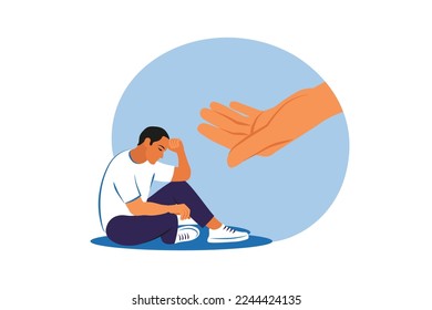 Sad man getting help and cure from stress. Psychotherapy, help and support, a counseling session concept. Helping hand. Vector illustration.