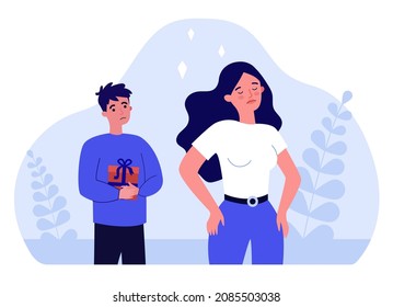 Sad man giving love gift to refusing woman turning back. Unhappy date of couple flat vector illustration. Breakup, bad relationship, rejection concept for banner, website design or landing web page