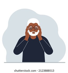 Sad man with glasses. Vision problem concept. Vector flat illustration
