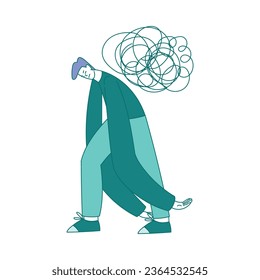 Sad Man with Hang Head and Clutter or Tangled Skein Suffer from Psychic Illness Vector Illustration