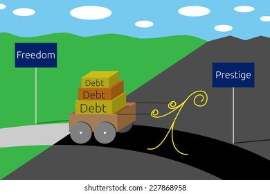 Sad man hauling the cart with his debts on his way from freedom to prestige, EPS 10 vector illustration