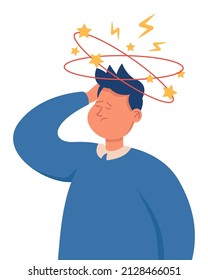 Sad Man Having Dizzy Symptoms Flat Vector Illustration. Confused Sick Person With Closed Eyes And Stars Spin Under Him Holding Head With Hand, Suffering From Pain. Stress, Dizziness Concept