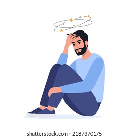 Sad man having dizzy symptoms. Sick person sitting on ground with dizzy head, suffering from pain. Stress, dizziness, accident, health problems. Vector illustration