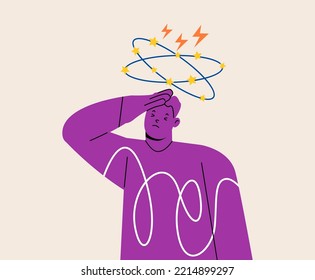 Sad man having dizzy symptoms.  Dizziness concept. Colorful vector illustration
