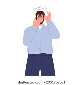 Hombre triste con síntomas mareados. El concepto de mareo. Ilustración vectorial plana aislada en fondo blanco
