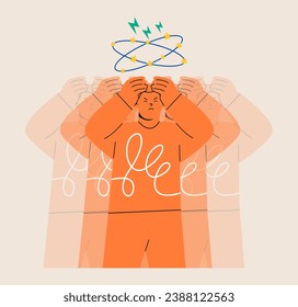 Sad man having dizzy symptoms. Dizziness concept. Colorful vector illustration
