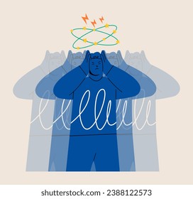 Sad man having dizzy symptoms. Dizziness concept. Colorful vector illustration
