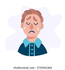Sad man head. Adult cartoon character. Tears and longing. Flat vector illustration