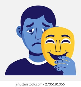 Sad man hiding his true emotions behind a happy mask, symbolizing inner turmoil